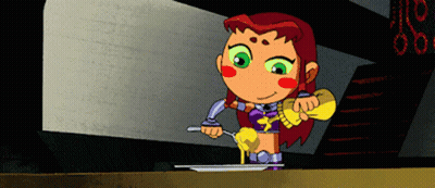 Starfire From Teen Titans Go Is Holding A Spoon And Fork GIF