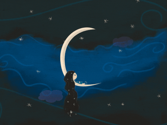 Starry Night Girl Lying On Crescent Moon GIF