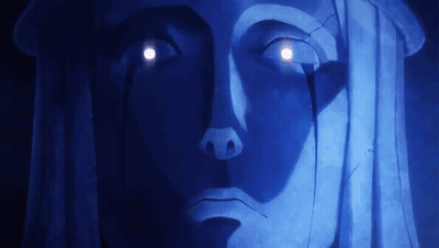 Statue Face With Glowing Eyes In Dark GIF