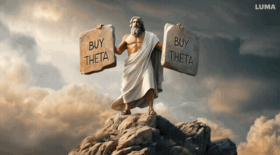Statue Holding Stone Saying Buy Theta GIF