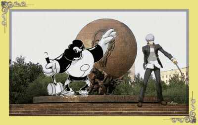 Statue Holding Sword With Cartoon Character Number 9 GIF