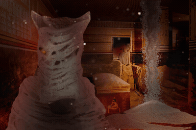 Statue Of Cat In Dark Room With Coffin GIF
