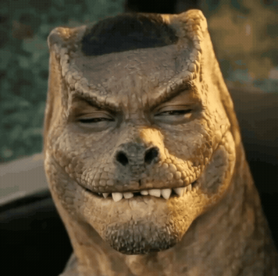 Statue Of Dinosaur With Shaved Head GIF