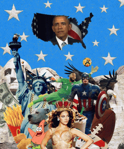 Statue Of Liberty, Captain America, Bear, And Woman Collage GIF