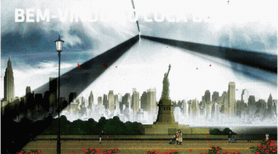 Statue Of Liberty Surrounded By City Skyline Saying Bem-Vindo Ao Local De GIF