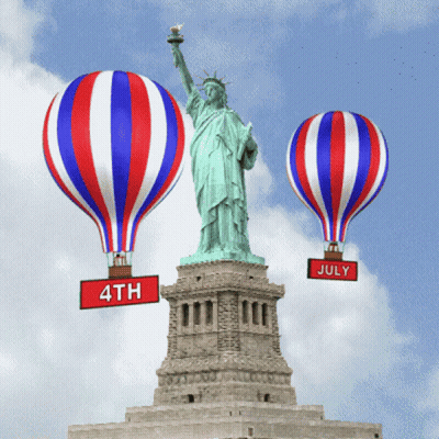 Statue Of Liberty With Two 4Th July Hot Air Balloons GIF