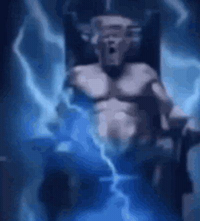 Statue Of Man In Chair With Lightning Behind GIF