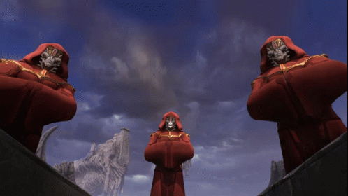 Statue Of Man In Red Robe With Hood In Front Of Blue Sky GIF