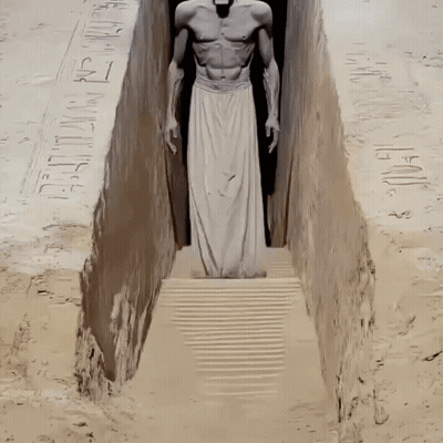 Statue Of Man In White Skirt In Narrow Passageway GIF