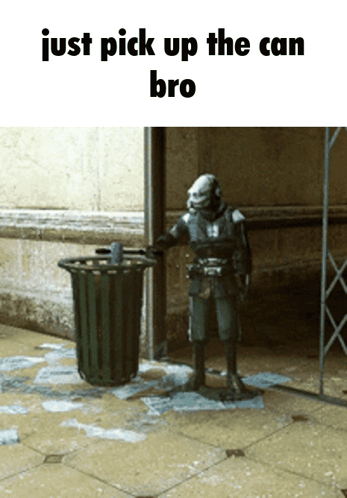 Statue Of Man Next To Trash Can Just Pick Up The Can Bro GIF