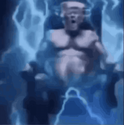 Statue Of Man Sitting In Chair With Lightning Bolt GIF