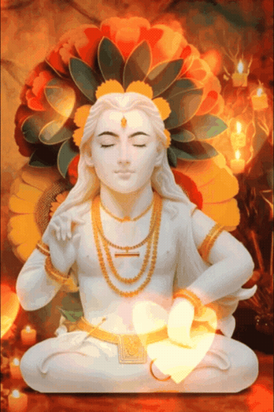 Statue Of Man With Eyes Closed Surrounded By Candles And Flowers GIF