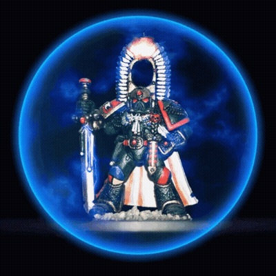 Statue Of Man With Sword In Blue Circle With Smoke GIF