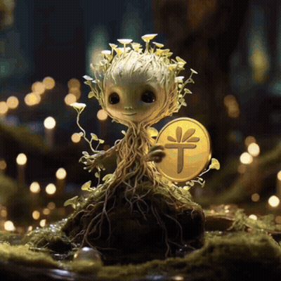 Statue Of Tree Holding Coin With Chinese Symbol GIF