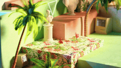 Statue Of Woman On Table In Room With Palm Trees GIF