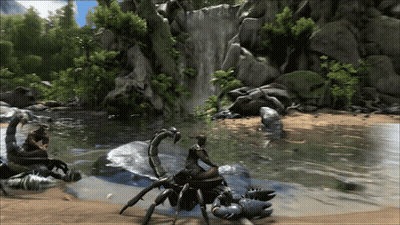 Statue Of Woman Sitting On Scorpion In Front Of Waterfall GIF