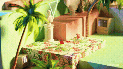 Statue Of Woman Sitting On Table With Palm Tree GIF