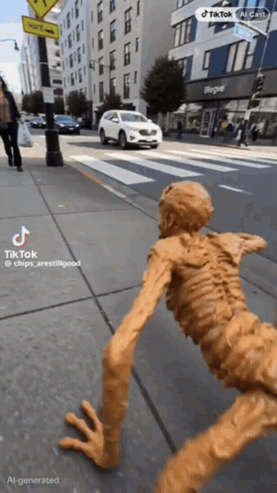 Statue Skeleton Crawling Down Sidewalk In Front Of Bleagle Building GIF
