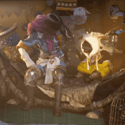 Statue With Purple Hair Sitting Next To Skeleton GIF