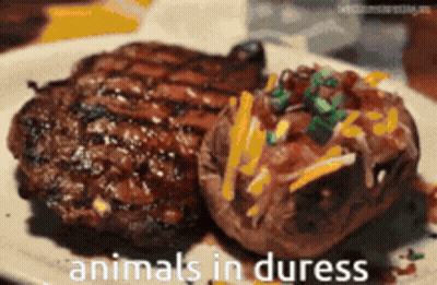 Steak And Baked Potato With Animals In Duress GIF