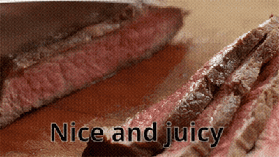 Steak Sliced On Wooden Board Saying Nice And Juicy GIF