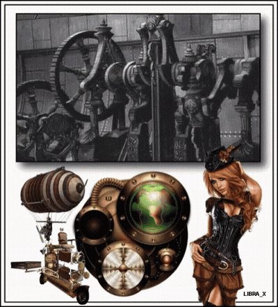 Steampunk Woman Next To Machine And Globe GIF