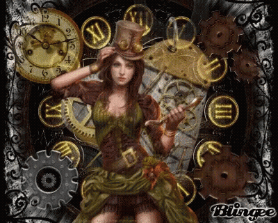 Steampunk Woman With Gears And Roman Clock GIF