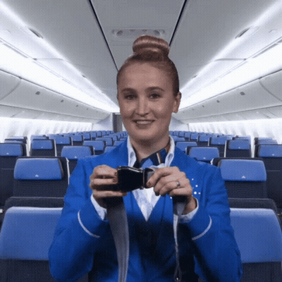 Stewardess In Blue Holding Seat Belt GIF
