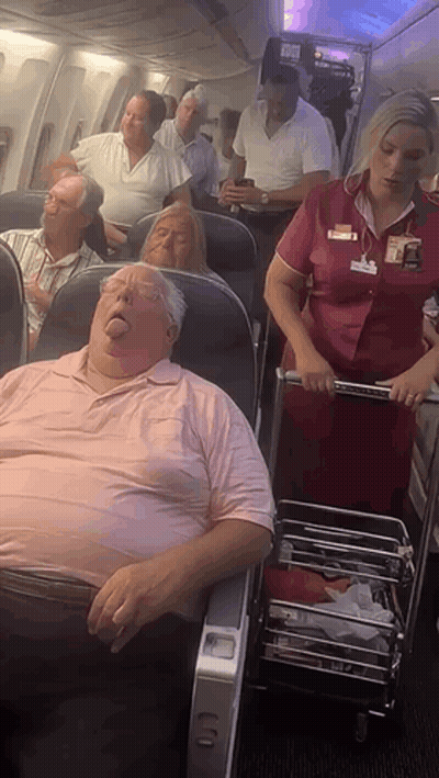 Stewardess Pushing Cart With Sleeping Man GIF
