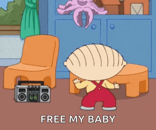 Stewie From Family Guy Is Dancing In A Room With A Boombox And Chairs . GIF