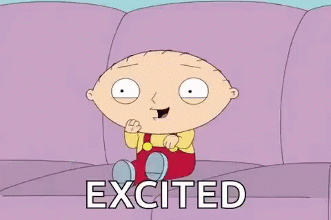 Stewie From Family Guy Is Sitting On A Couch With The Word Excited Written Next To Him . GIF