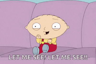 Stewie From Family Guy Is Sitting On A Purple Couch And Says `` Let Me See ! Let Me See ! '' GIF