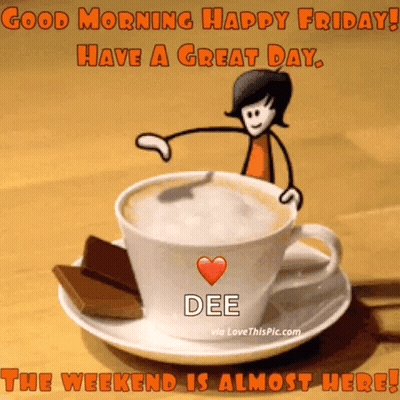 Stick Figure Next To Coffee Saying Good Morning Happy Friday GIF