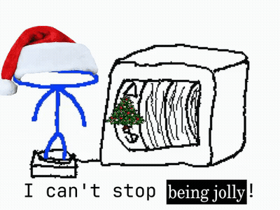 Stick Figure Santa Next To Christmas Tree Box GIF