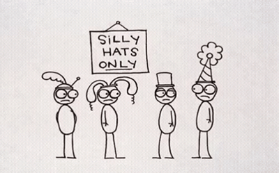 Stick Figures Next To Silly Hats Sign GIF