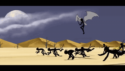 Stick Figures Running In Desert With Full Moon GIF