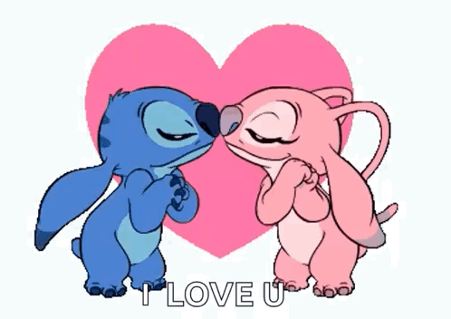 Stitch And Angel Kissing In Front Of A Pink Heart That Says I Love You GIF