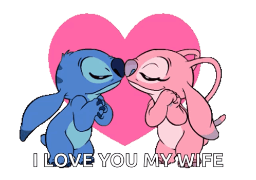 Stitch And Angel Kissing In Front Of A Pink Heart With The Words I Love You My Wife GIF