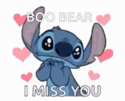 Stitch From Disney 'S Lilo And Stitch Is Surrounded By Pink Hearts And Saying Boo Bear I Miss You . GIF