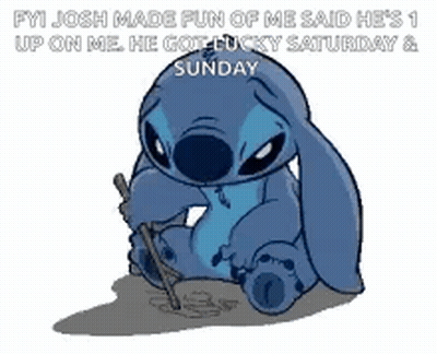 Stitch Holding Stick Says 1-Up Lucky Saturday Sunday GIF