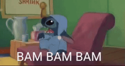Stitch In Chair Saying Bam Bam Bam GIF