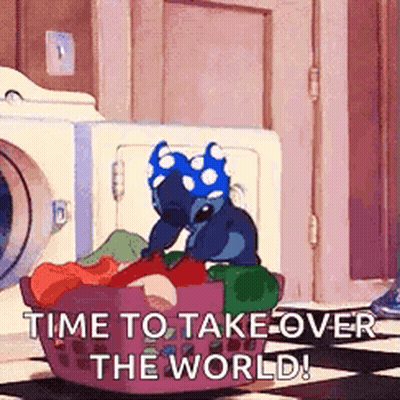Stitch In Laundry Basket With Washer And Dryer GIF