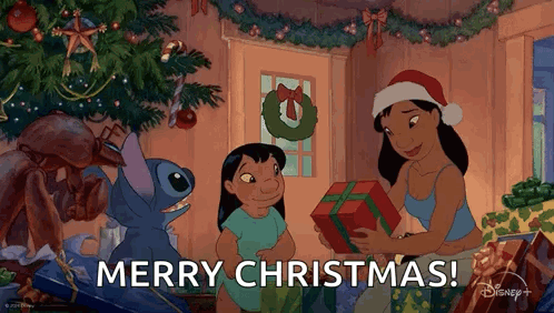 Stitch Is Giving A Gift To A Girl In Front Of A Christmas Tree While A Woman Holds A Gift . GIF