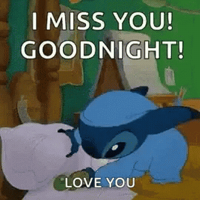 Stitch Is Laying On A Pillow And Saying `` I Miss You ! Goodnight ! Love You '' . GIF