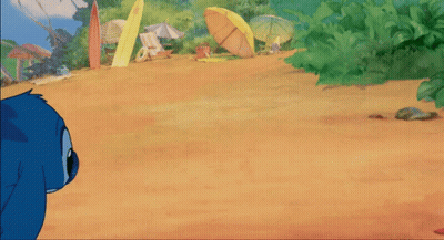 Stitch On Beach With Surfboards And Umbrellas GIF