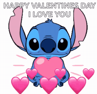 Stitch Saying Happy Valentine's Day With Pink Hearts GIF