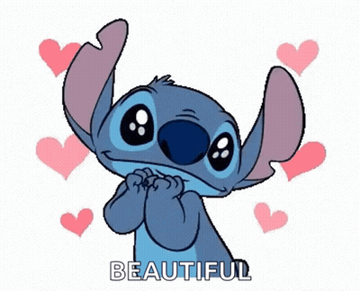 Stitch Surrounded By Pink Hearts Saying Beautiful GIF