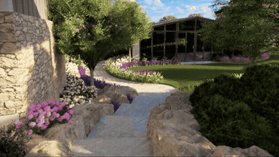 Stone Walkway To House With Purple Flowers And Trees GIF