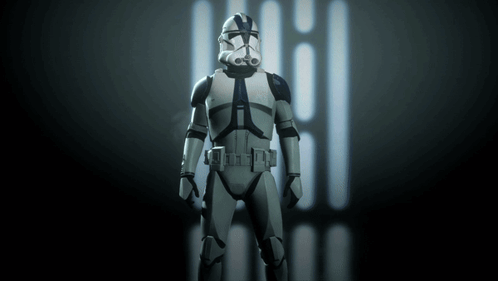 Storm Trooper In Front Of Wall Of Lightsabers GIF