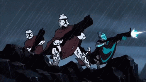 Stormtroopers Standing On Rock In Rain Holding Guns GIF